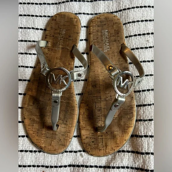 2 Pairs! Michael Kors Cork Footbed Sandals, Logo, black and silver, size 9 - Picture 3 of 13